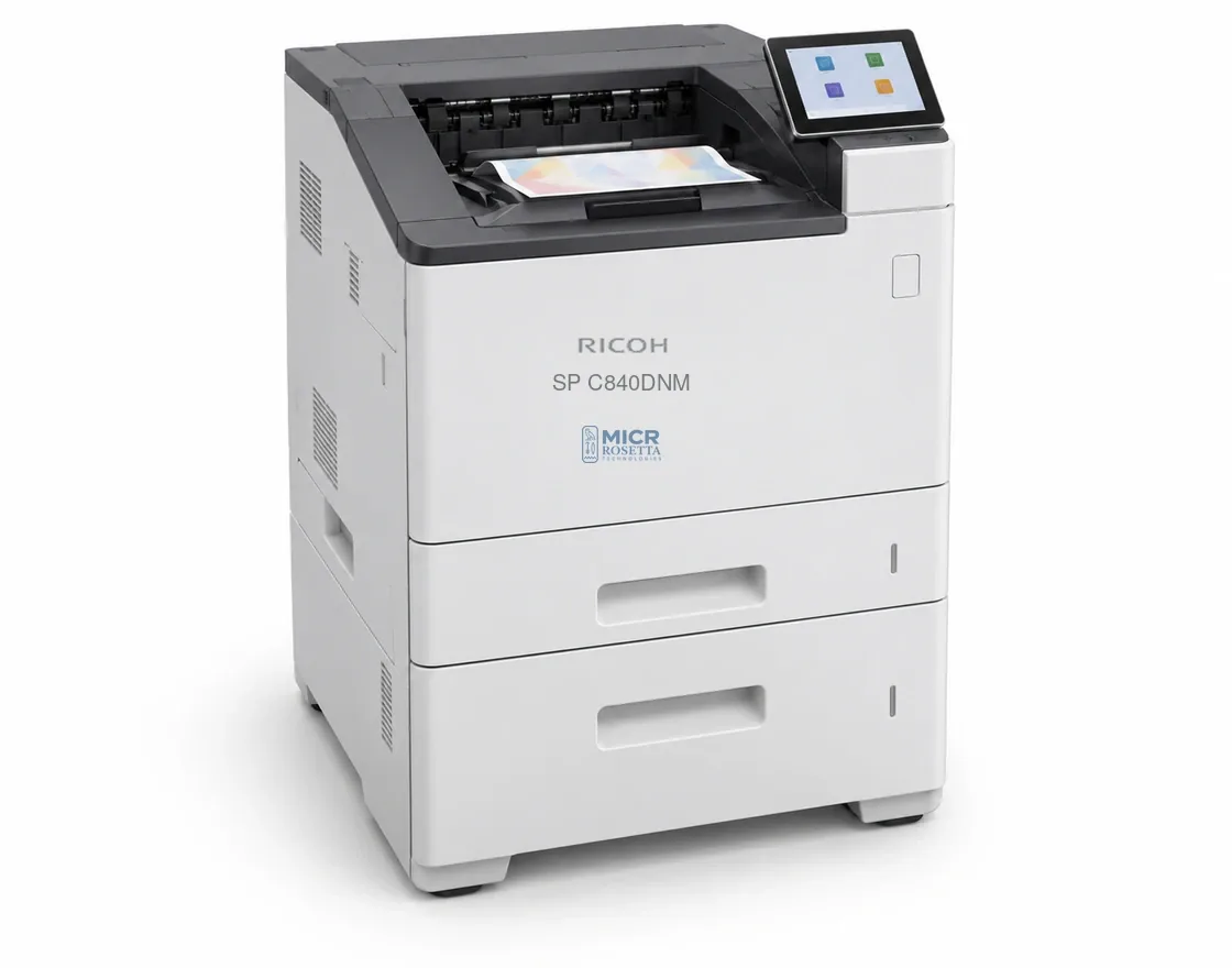 Rosetta Technologies SP C840DNM color MICR printer producing a full-color business check