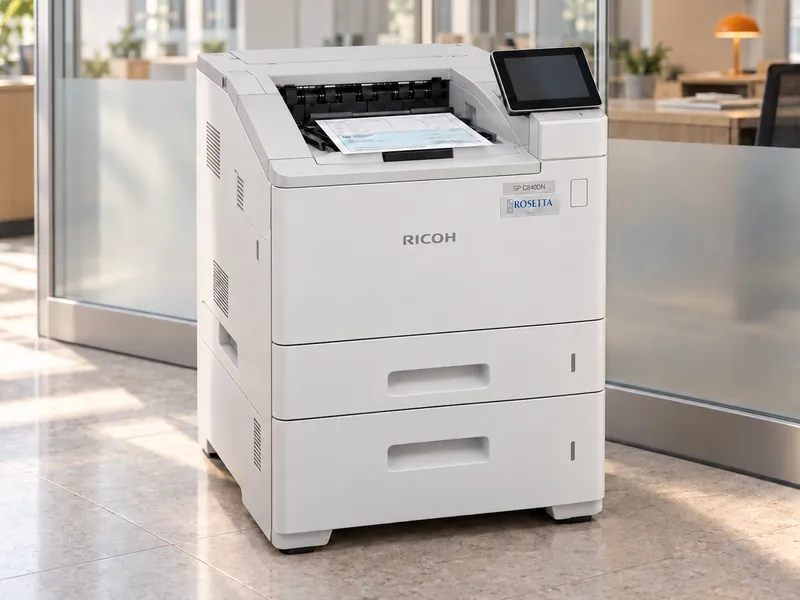 The SP C840DNM color MICR printer by a glass partition in a bright finance office, a printed check in its output tray
