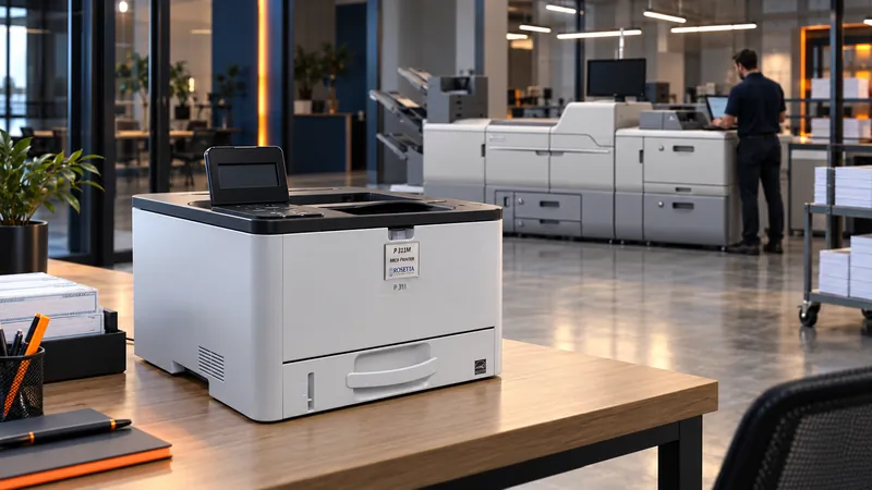 A P 311M desktop MICR printer on a desk in the foreground, and a production MICR system with its operator across the print room behind it