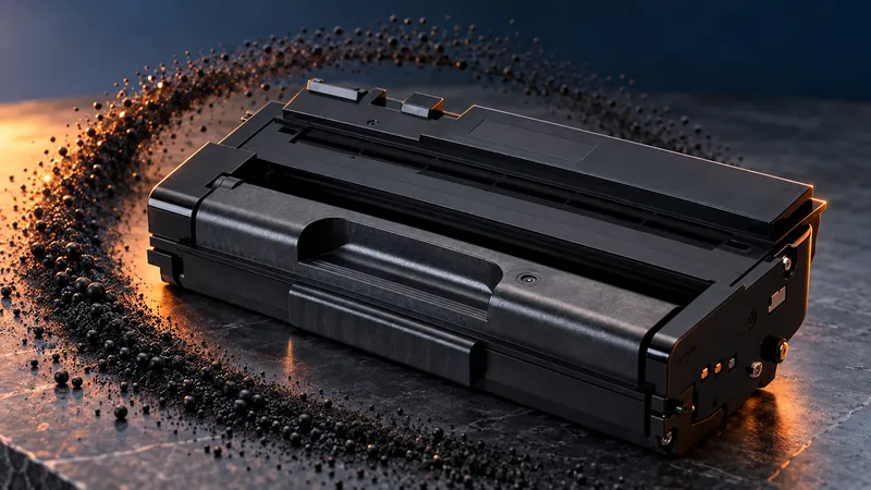 A MICR toner cartridge on dark stone, ringed by a sweep of loose toner particles