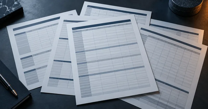 A fan of printed product specification sheets spread across a dark surface