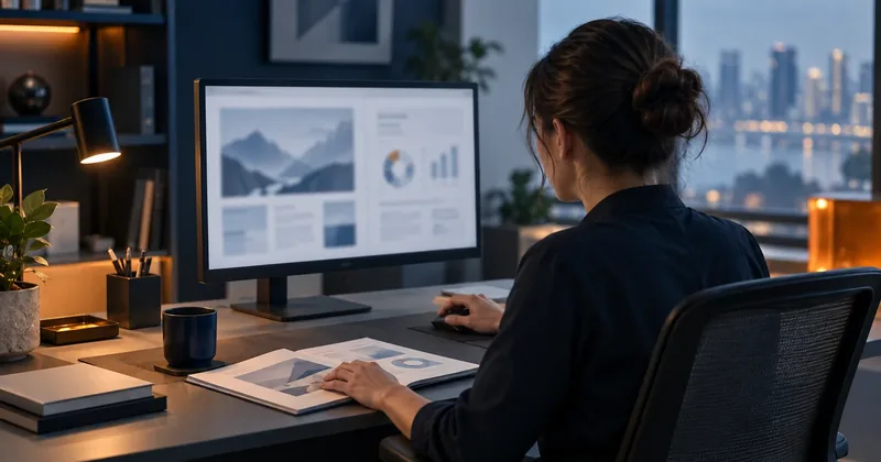 A specialist at a desk reviewing reference material, with the city at dusk beyond the window