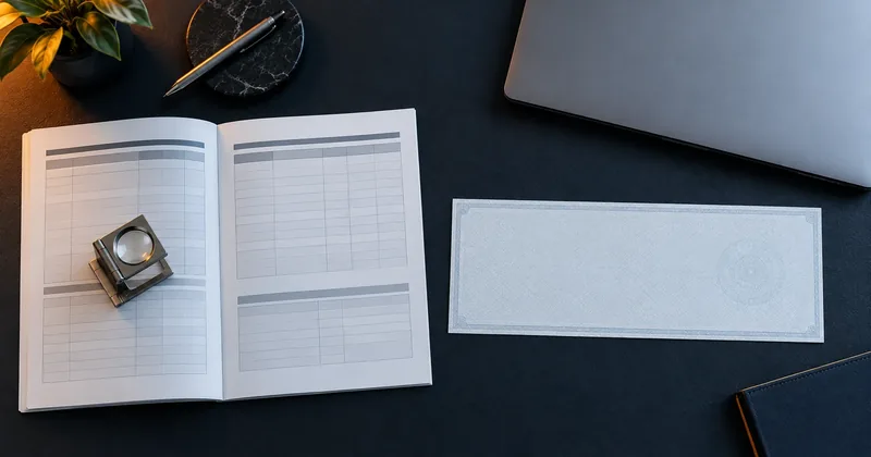 A desk seen from above with a printed specification document open flat, a loupe resting on it, a sample of blank check stock, and a closed laptop pushed aside