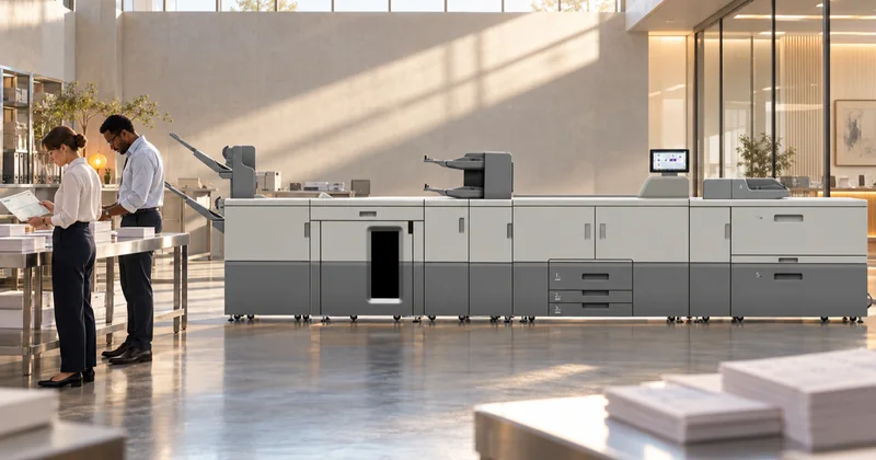 A bank back-office processing area with rows of workstations, sorted document trays on rolling carts, and a production printer against the far wall