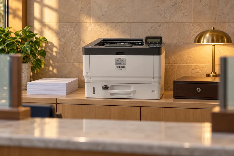 A P 501M desktop MICR printer on the credenza behind the teller counter of a community bank branch