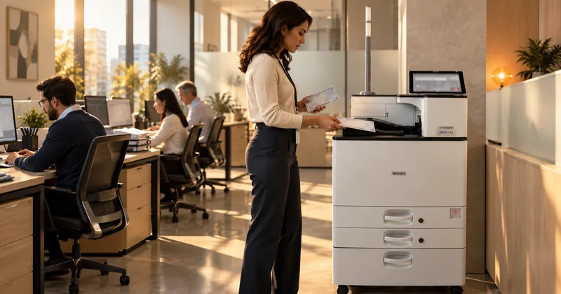 A claims operation with staff at monitors along a long desk, printed output accumulating in trays between them, and a workgroup MICR printer at the end of the run