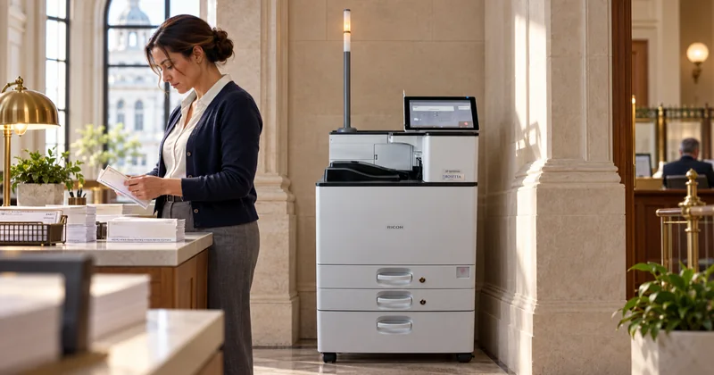 A government finance office with institutional furniture and a service counter behind, one member of staff collecting printed output from a workgroup printer while another works at a desk