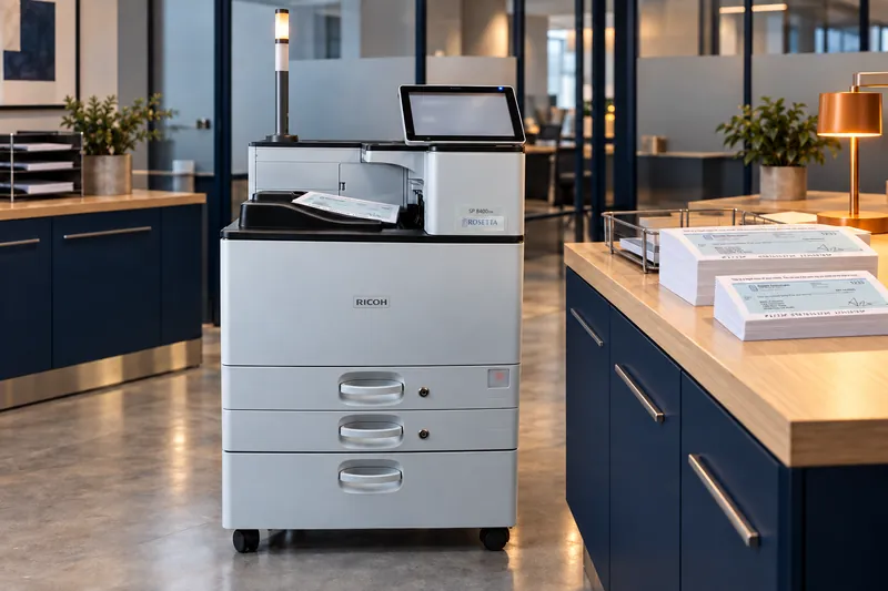 An SP 8400DNM MICR printer in a returns processing room, printed Image Replacement Documents in its output tray and on the counter