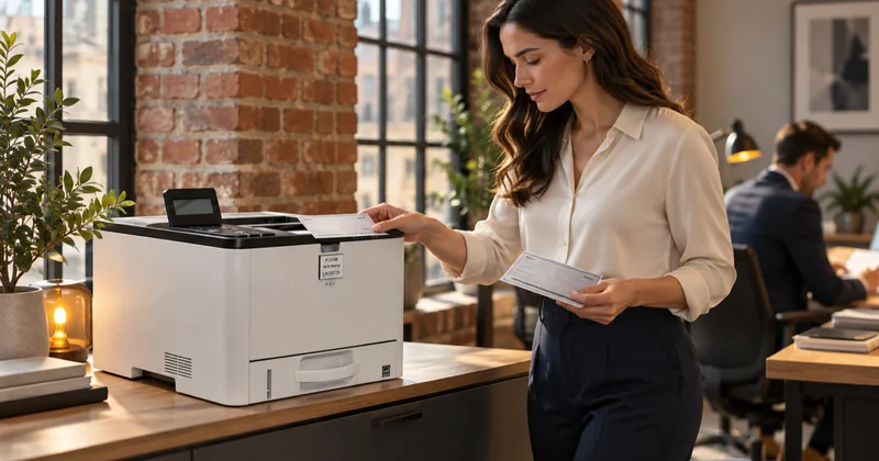 A finance staff member in a small business office collecting a short run of printed documents from a desktop MICR printer beside a filing cabinet