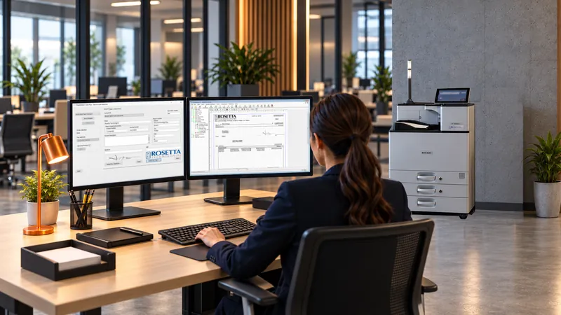 An operator at her desk with CheckStream open on two monitors, and an SP 8400DNM MICR printer behind her in an open-plan office
