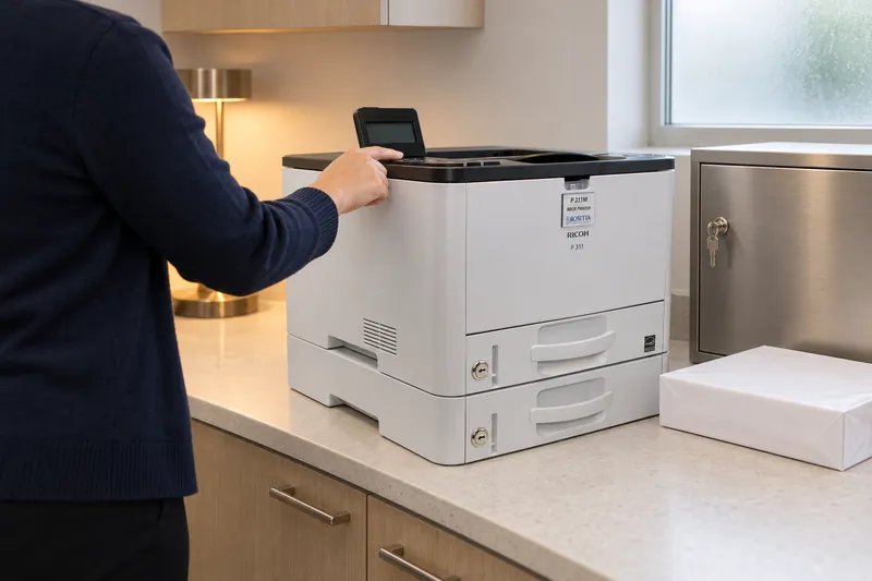 A branch back office with a P 311M desktop MICR printer on a counter beside a locked steel cabinet for check stock, a staff member seen from behind releasing a held print job at the printer