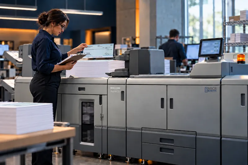 A payroll specialist checking a printed check at the output of a Pro 8420M production MICR system, stacks of finished checks beside her
