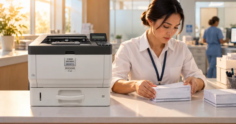 A finance team at a shared table on a deadline evening with printed output in trays, one person checking a stack against a screen