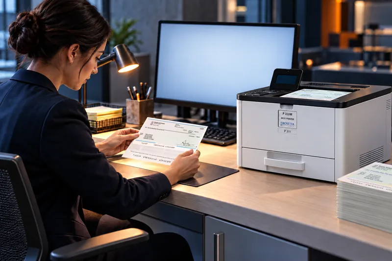 A returns specialist reviewing an Image Replacement Document at her desk, beside a P 311M MICR printer with another in its output tray