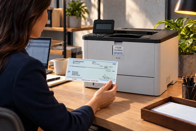 A business owner holding a check just printed on the P 311M MICR printer on her desk