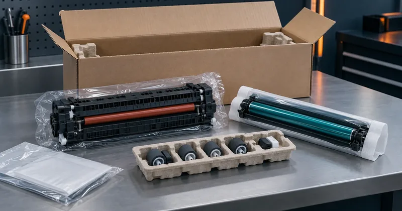 An opened maintenance kit carton on a bench with its components laid out in protective packaging, including a transfer roller and a drum unit
