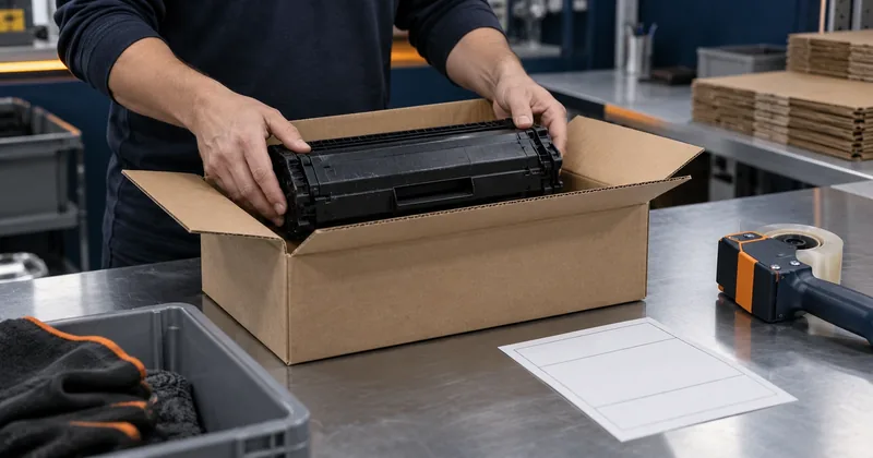 A hand placing a used toner cartridge into a pre-labeled return carton on a bench, with the shipping label ready beside it
