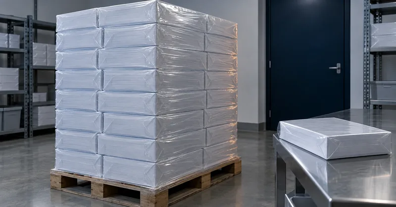 A shrink-wrapped pallet of blank check stock in a warehouse aisle, with a single opened ream on a bench beside it