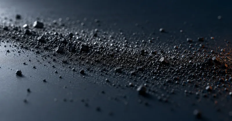 Fine black MICR toner powder settling on polished black glass, one edge lit in warm light
