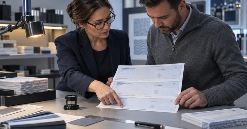 A specialist and a customer standing at a bench under a task lamp, examining a sheet of printed check stock, with a loupe and sample stock beside them
