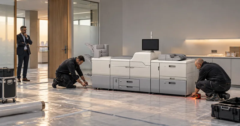 Two technicians installing a production MICR printer in a print room, one kneeling at an open front panel and one checking a readiness list on a tablet
