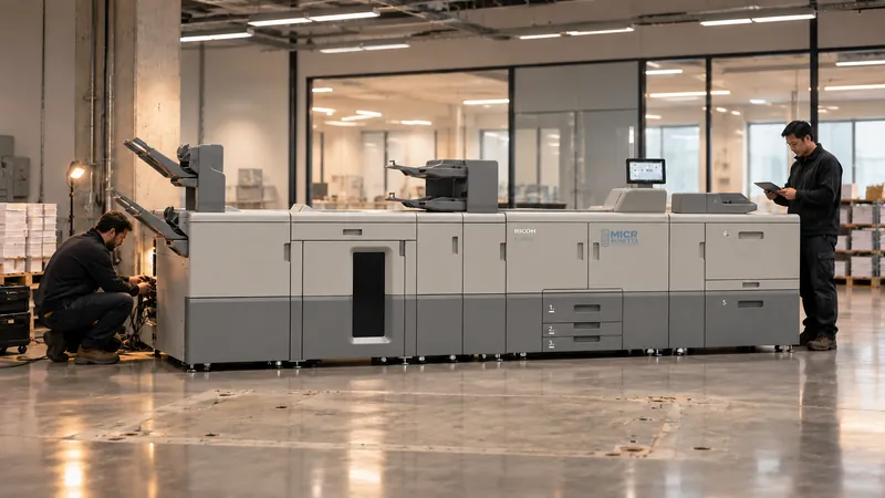 A Pro 8420M production MICR printer newly installed on a print floor, two technicians finishing the install and the outline of a removed machine marked on the concrete