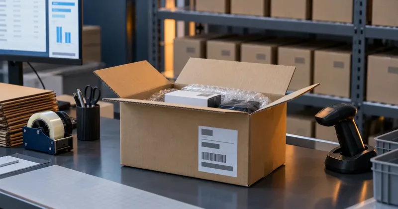 A dispatch bench with a picked order boxed and labeled, a scanner in a cradle, and a shelf of identical cartons behind it