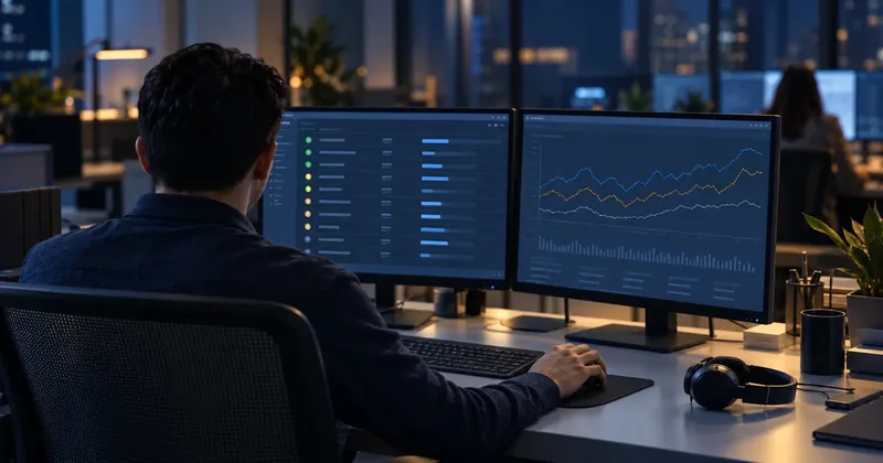 A technician’s dual-monitor desk seen over the shoulder at night, one screen showing a device list and one a graph, with a headset resting on the desk