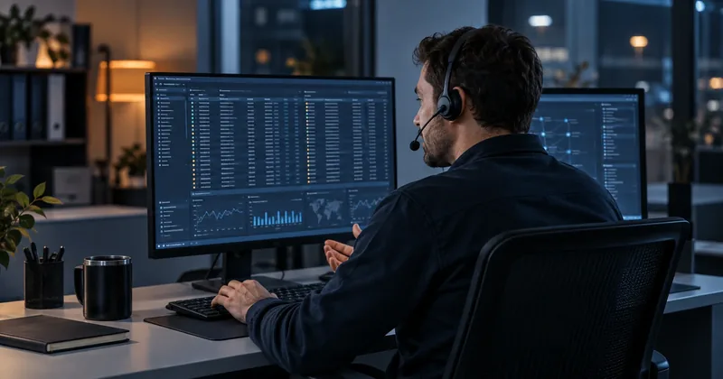 A support technician wearing a headset at a monitor of diagnostic data, one hand on a keyboard, mid-conversation
