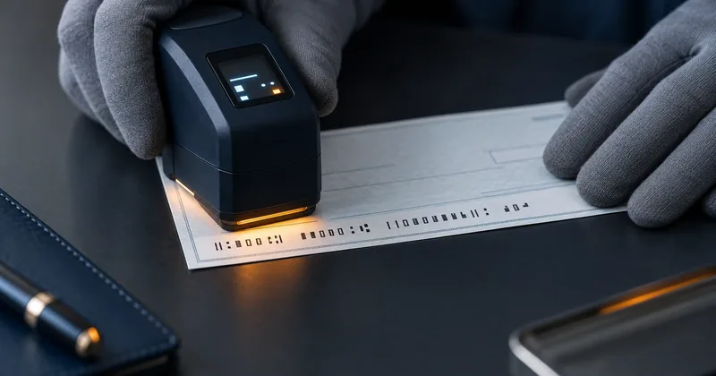 A gloved hand steadying a freshly printed check while a handheld MICR verifier reads the magnetic code line along its bottom edge