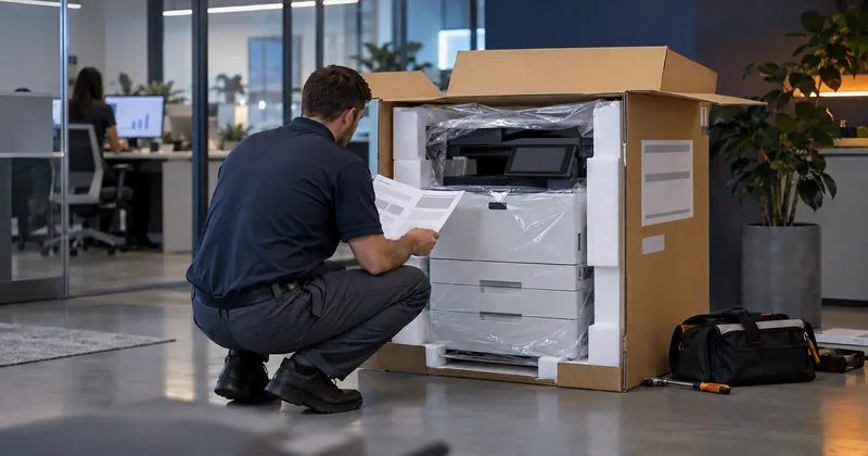A new printer still partly in its packaging on an office floor, with the documentation pack and the serial number plate visible on the carton and one person crouched reading it